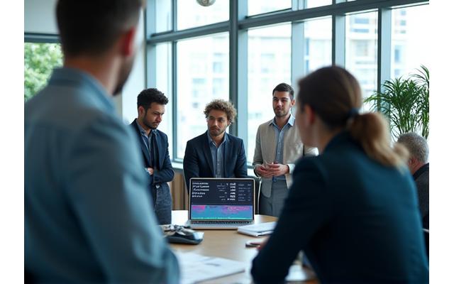 Team collaborating in a modern, light-filled office, symbolizing innovation and energy management.
