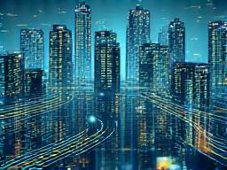 Multiple commercial buildings outlined with energy flow lines, representing multi-site energy management.