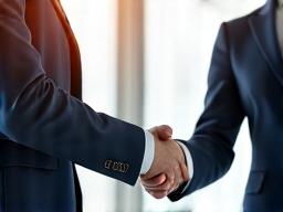 Two business people shaking hands over a contract with energy tariffs displayed on a holographic screen, denoting negotiation.
