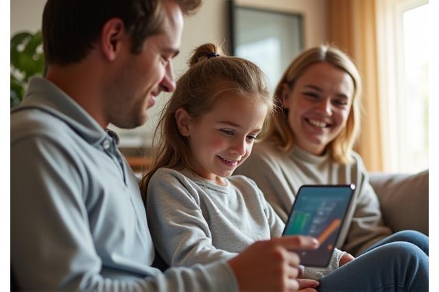 A family reviewing their energy usage on a tablet, showcasing modern home energy management.