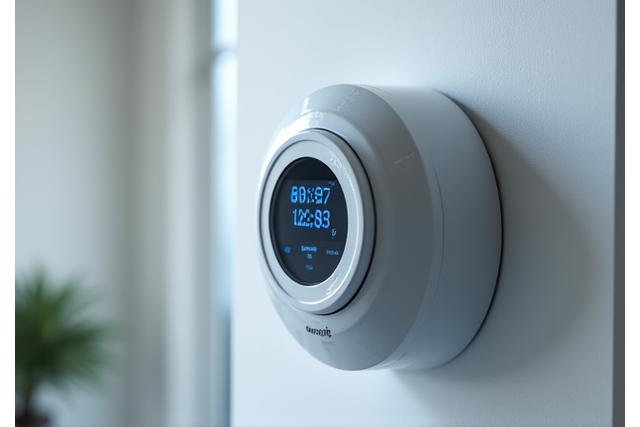 A modern smart meter device installed in a clean household environment showing digital readings.